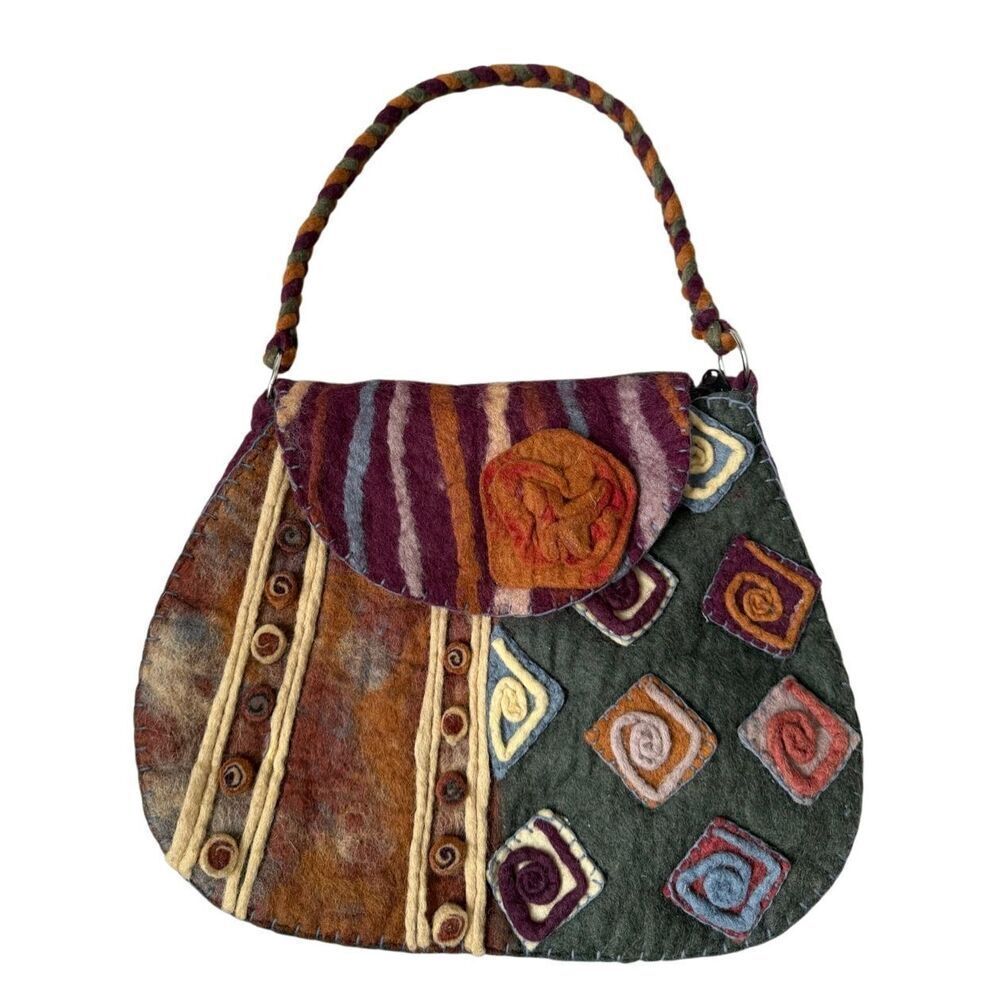 Rising Tide Wool Purse Shoulder Bag Boho Hippie Nepal Hipster Soho Flower Fleece